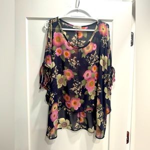 HAK beautiful kimono cold shoulder chiffon top. Navy blue. floral print. Size M